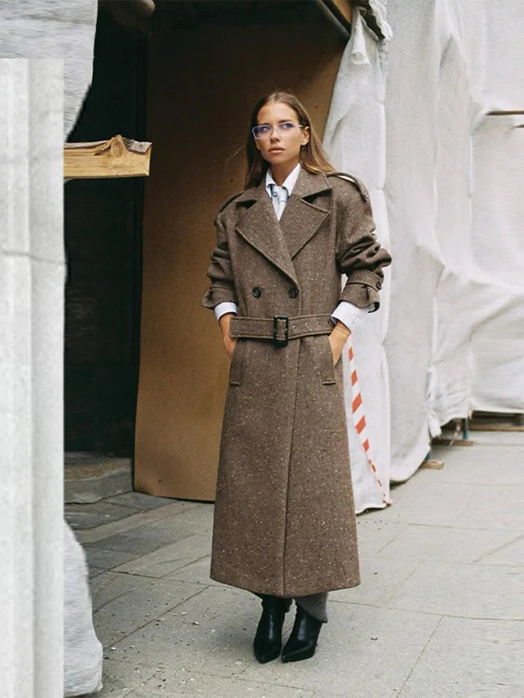 Elegant Lace Up Overcoats Women Double-breasted Wool Long Coats With Pockets 2025 High Street Fashion Autumn Winter Outerwears