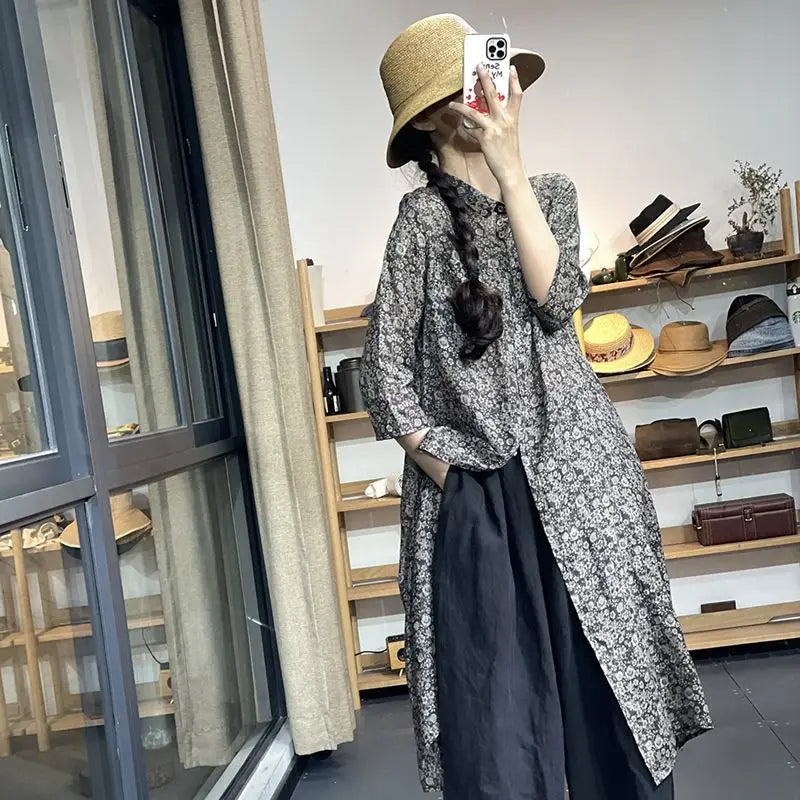 New Summer Personalized Mid-length Floral Cardigan for Small People Can Be Used as a Dress Chiffon Single-breasted Printed Shirt