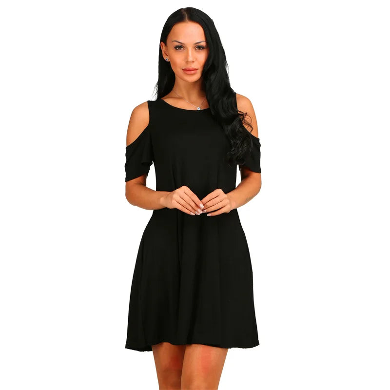Summer Women Elegant Dresses Vintage Off Shoulder Short Sleeve Loose Solid Color O-Neck Party Club A-Line Dress Vestidos QT036