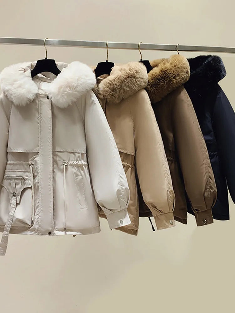 New Women's Cotton-Padded Plush Warm Coat 2025 Autumn Winter Parkas Coat Women's Long Sleeve Zipper Hooded Drawstring Parkas