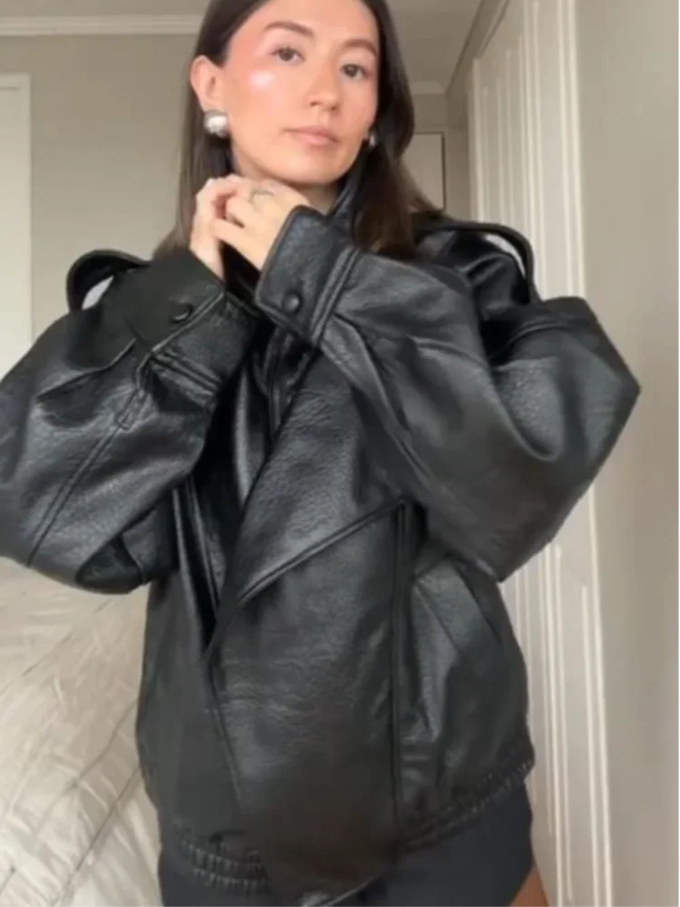Street PU Leather Loose Jacket Women Fashion Solid Full Sleeve Stand Collar Single Breasted Coats Female 2025 Autumn Lady Coat
